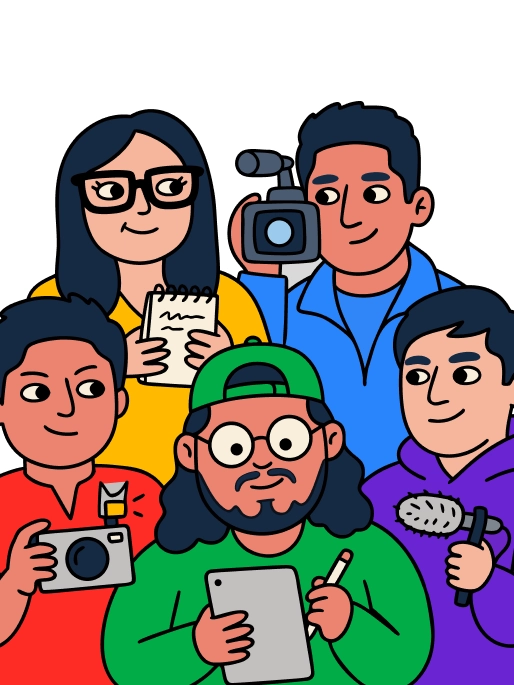 Ilustración del equipo creativo de Pollera trabajando en diseño, fotografía y video
